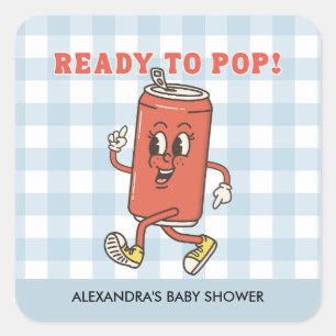 Sie ist bereit zu platzen Baby Shower Retro Blau G Quadratischer Aufkleber