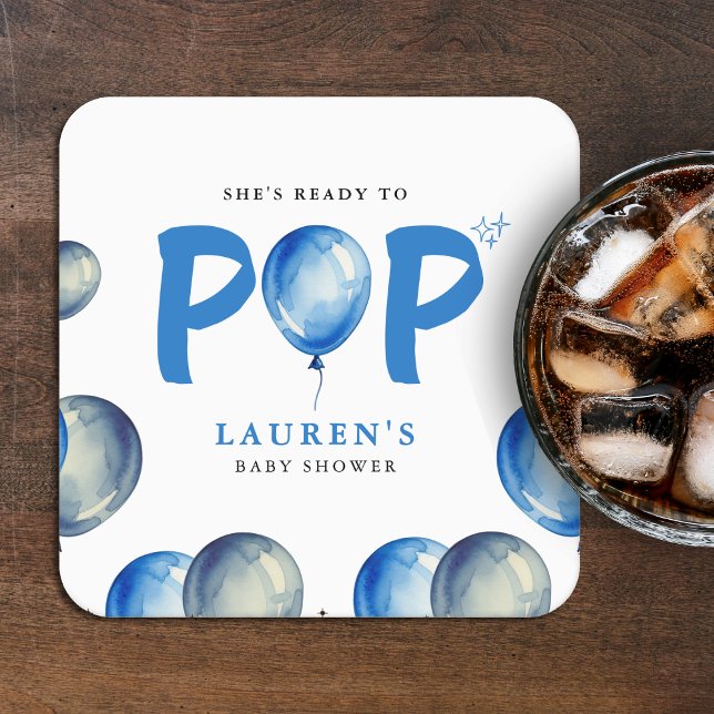 Sie ist bereit zum Pop Balloons Blue Boy Baby Dusc Rechteckiger Pappuntersetzer (She's Ready To Pop Balloons Blue Boy Baby Shower Square Paper Coaster
)