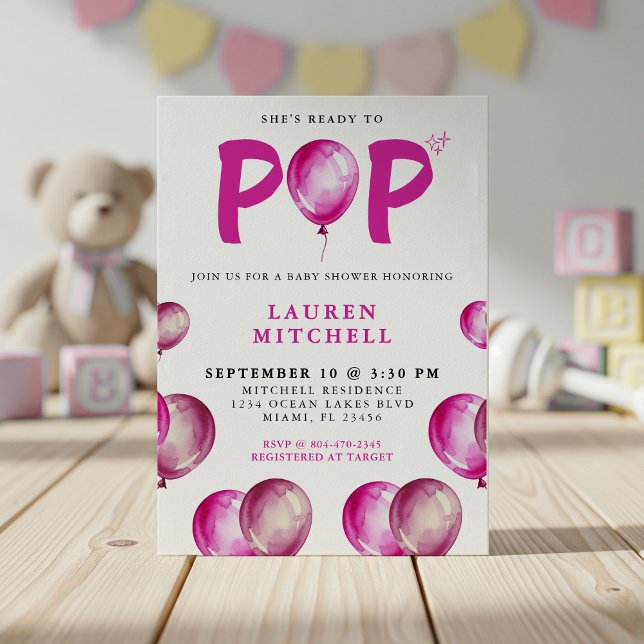 Sie ist bereit zum Pop Balloons Pink Girl Baby Dus Einladung (She's Ready To Pop Balloons Pink Girl Baby Shower Invitation
)