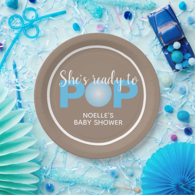 Sie ist bereit zum Pop, Blue Bubblegum Baby Shower Pappteller (Party)