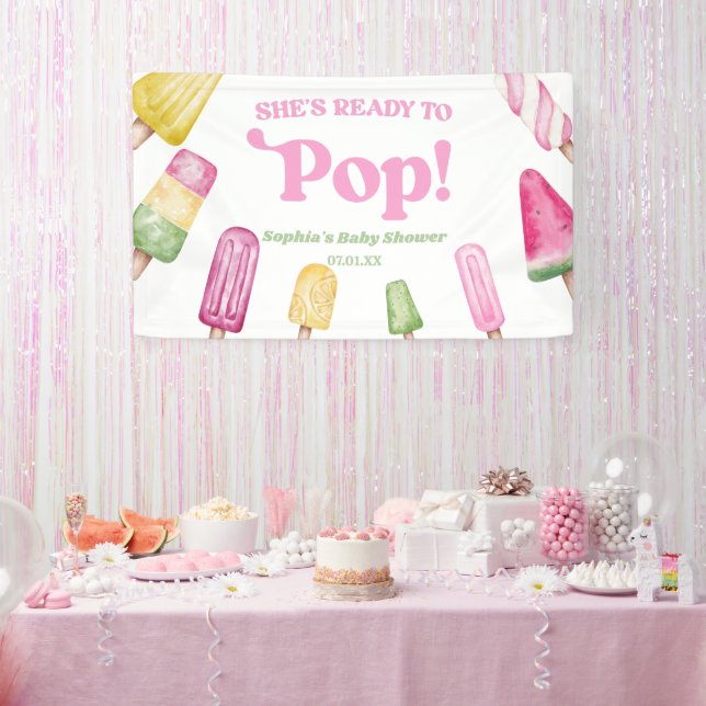 Sie ist bereit zum Pop einer rosa Kinderdusche Banner (Party)