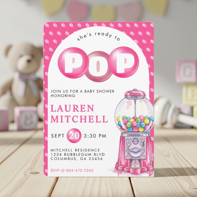 Sie ist bereit zum Pop von Bubblegum Pink Girl Bab Einladung (She's Ready To Pop Bubblegum Pink Girl Baby Shower Invitation
)