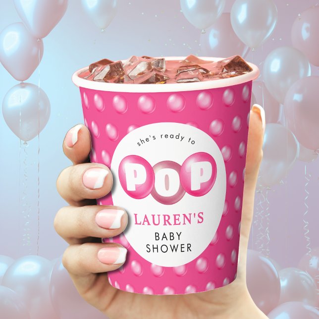 Sie ist bereit zum Pop von Bubblegum Pink Girl Bab Pappbecher (She's Ready To Pop Bubblegum Pink Girl Baby Shower Paper Cups
)
