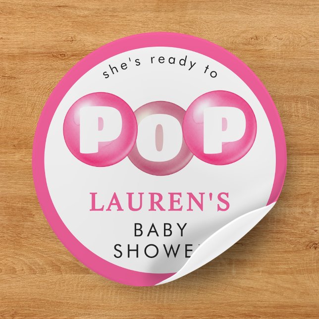 Sie ist bereit zum Pop von Bubblegum Pink Girl Bab Runder Aufkleber (She's Ready To Pop Bubblegum Pink Girl Baby Shower Classic Round Sticker
)