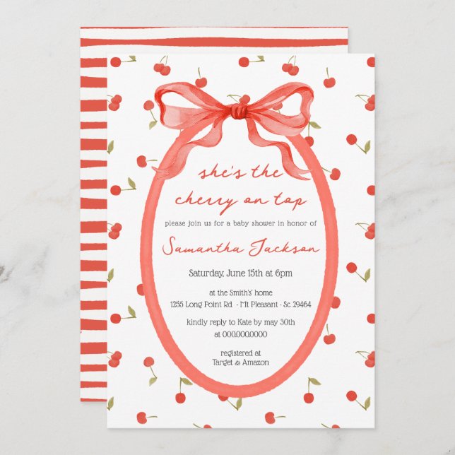 Sie ist die Cherry auf der Top Red Girl Baby Showe Einladung (Vorne/Hinten)