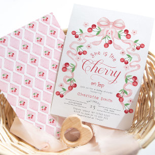 Sie ist die Kirsche auf dem rosa Schleifen-Baby-Pa Einladung