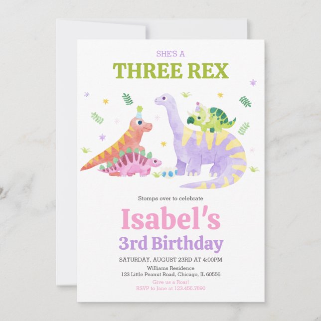 Sie ist ein Drei-Rex-Trex-Dinosaurier-Geburtstag Einladung (Vorderseite)
