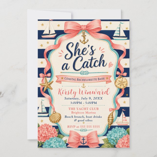Sie ist ein Fang: Coastal Bachelorette Bash Einladung (Vorderseite)
