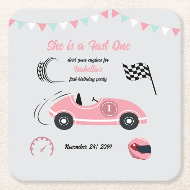Sie ist ein schnelles, festlich rosa Rennwagen zum Rechteckiger Pappuntersetzer (Vorderseite)