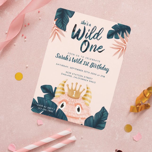 Sie ist ein Wild One Pink Monster & Tropical Jungl Einladung (She's a Wild One Pink Monster & Tropical Jungle Invitation)