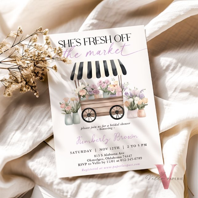 Sie ist frisch vom Markt Lila Brautparty Einladung (Von Creator hochgeladen)