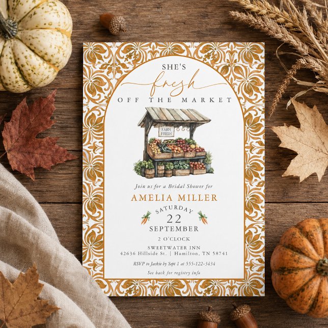 Sie ist frisch vom Markt Rust Tile Junggesellinnen Einladung (She's Fresh off the Market Rust Tile Bridal Shower Invitation)