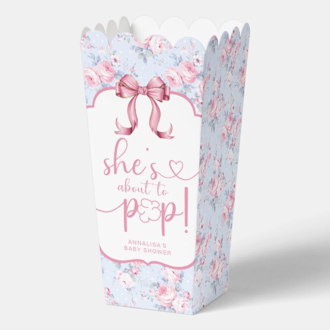 Sie ist im Begriff, Pink Bow Baby Shower Popcorn P Geschenkschachtel (Vorderseite)