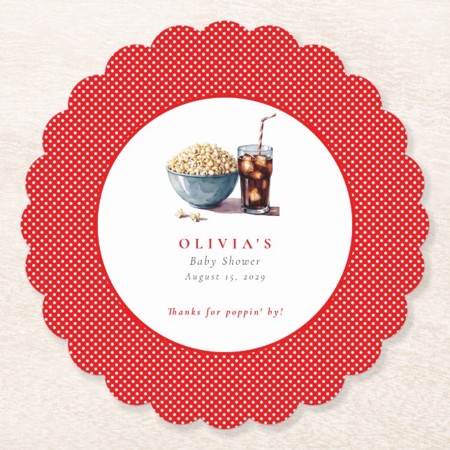 Sie ist im Begriff, Popcorn Soda Baby Shower Pop Untersetzer (Vorderseite)