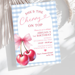 Sie ist Kirsche auf Oben Blau Gingham Rosa Geburts Einladung