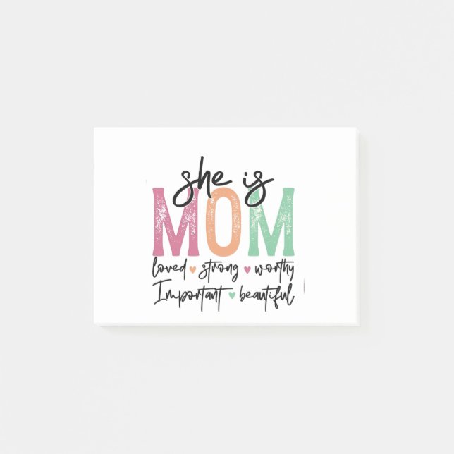 Sie ist Mama: Loved, Strong, Worthy, Importy, Beau Post-it Klebezettel (Vorderseite)