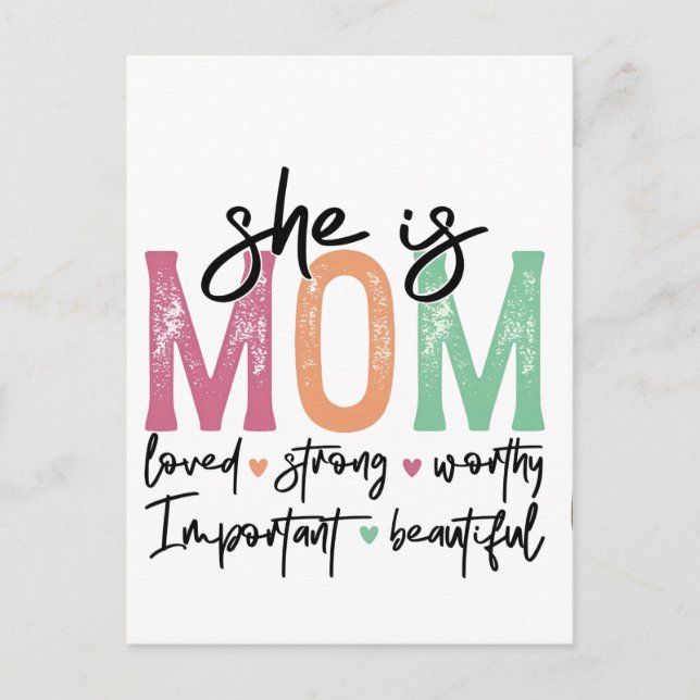 Sie ist Mama: Loved, Strong, Worthy, Importy, Beau Postkarte (Vorderseite)