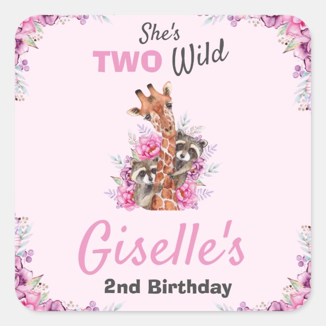 Sie ist zwei Wild-Pink-Jungle-Safari-Giraffe-Party Quadratischer Aufkleber (Vorderseite)