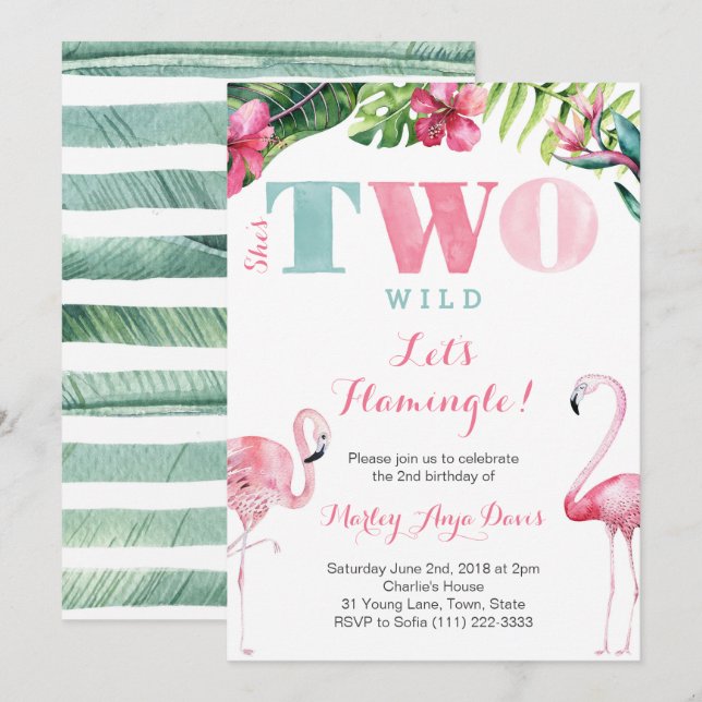 Sie ist zwei wilde Flamingo Party Cards Einladung (Vorne/Hinten)
