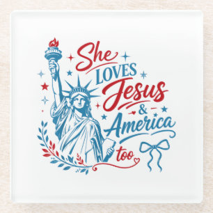 Sie liebt Jesus und Amerika zu sehr 4. Juli Christ Glasuntersetzer