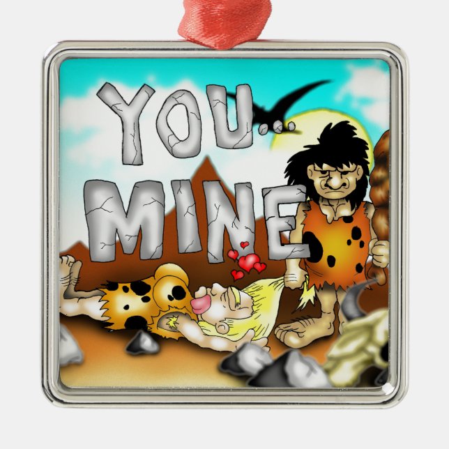 SIE MINE - Funny Prehistorischer Caveman Valentine Silbernes Ornament (Vorne)