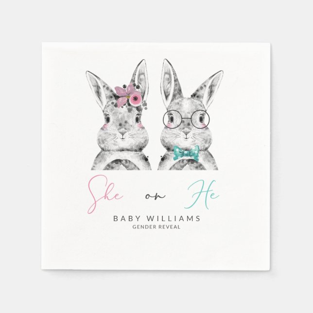 Sie oder er Pink & Blue Bunny Gender Reveal Serviette (Vorderseite)
