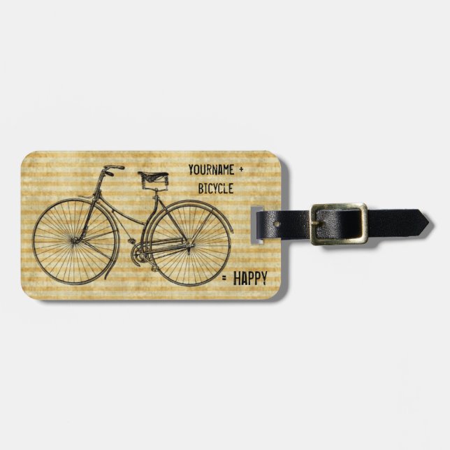 Sie plus Fahrrad entsprechen glücklichem antikem Gepäckanhänger (Vorderseite horizontal)