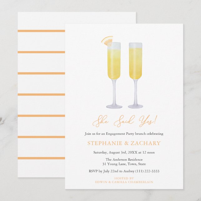 Sie sagte ja Brunch Bubbly Engagement Party Einladung (Vorne/Hinten)