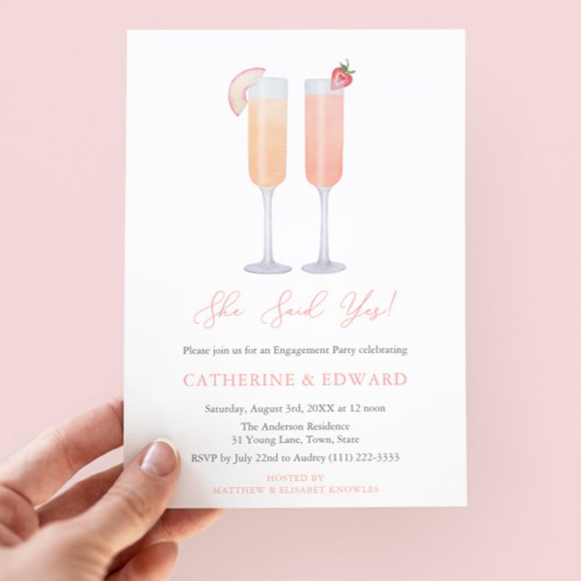 Sie sagte ja Engagement Party Cocktail Stunde Einladung (She Said Yes! Pretty watercolor bellini cocktails engagement party invitation in peach & strawberry)