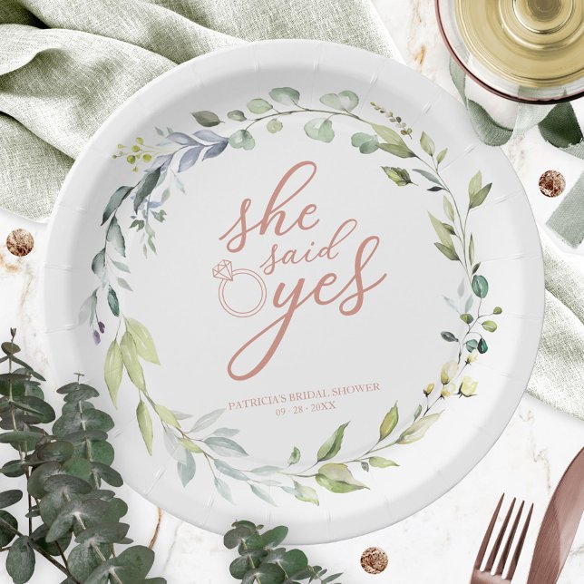 Sie sagte ja Greenery Eucalyptus Brautparty Pappteller (Von Creator hochgeladen)