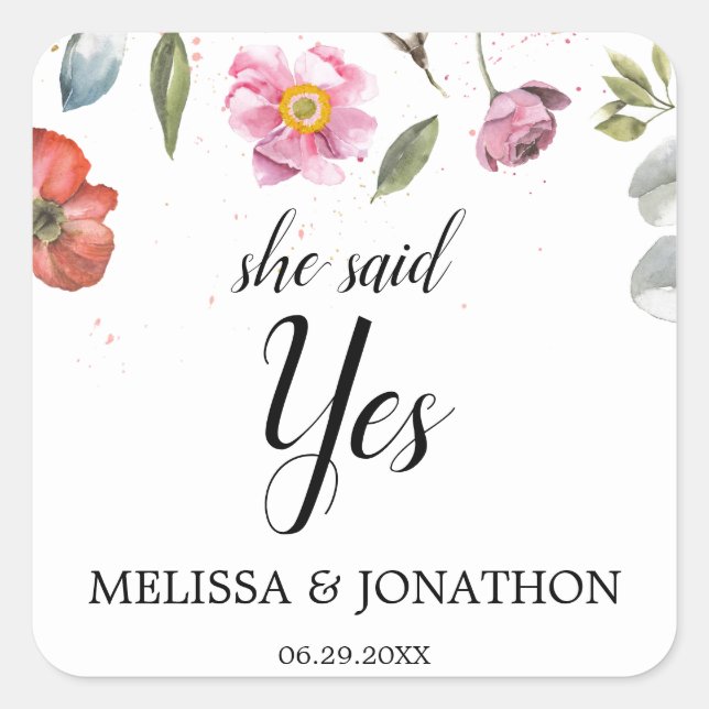 Sie sagte ja, Hübsche Blumenbindungspartei des Frü Quadratischer Aufkleber (Vorderseite)