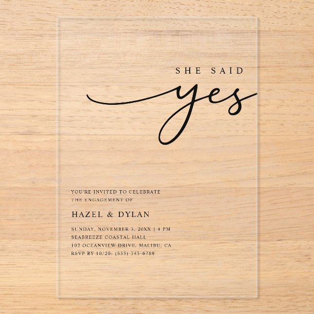 Sie sagte Ja Minimalistische Engagement Partei kla Acryleinladungen (Vorderseite)