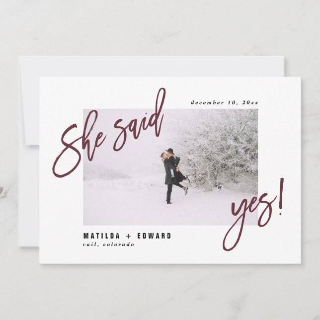 Sie sagte ja! Moderne Hochzeit des grafischen Foto Save The Date (Vorderseite)