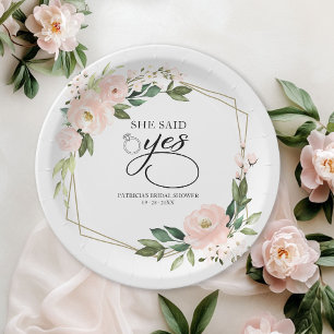 Sie sagte Ja Pink Blush Geometrische Hochzeitsdusc Pappteller