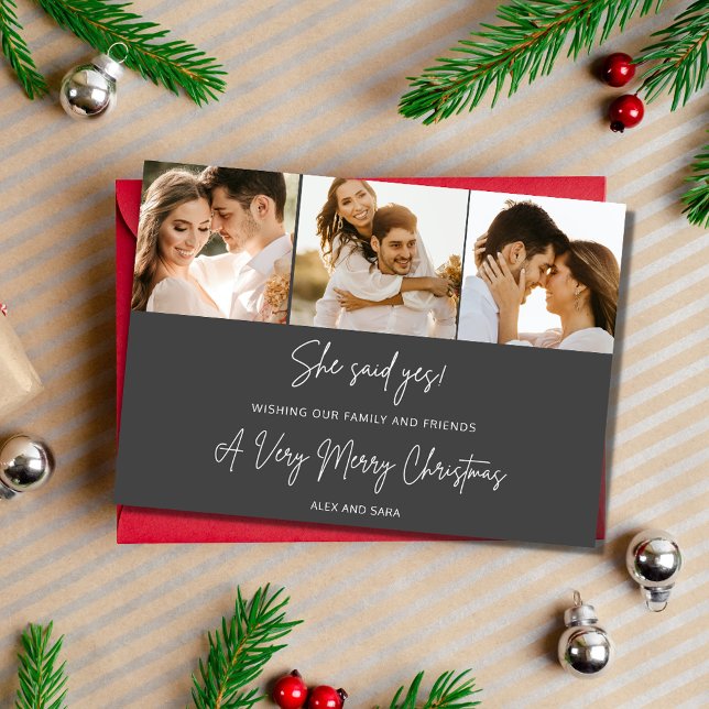 Sie sagte ja Verlobung 3 Foto Weihnachten (She Said Yes Engagement 3 Photo Christmas Holiday Card)
