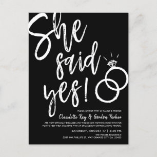 Sie sagte ja! Verlobung Dinner Schwarz Einladungspostkarte