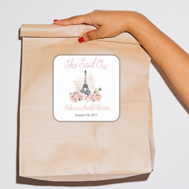 Sie sagte Oui Parisian Pink Floral Brautparty Quadratischer Aufkleber (Von Creator hochgeladen)