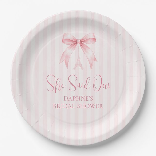Sie sagte Oui Pink Bow Brautparty Pappteller (Vorderseite)