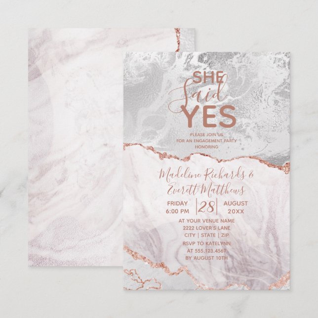 Sie sagte Yes White & Rose Gold Engagement Party Einladung (Vorne/Hinten)