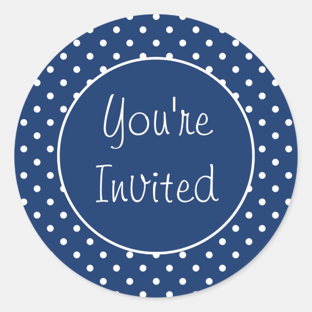 Sie sind eingeladen Blue Polka Dot Umschlag Aufkle Runder Aufkleber (Vorderseite)