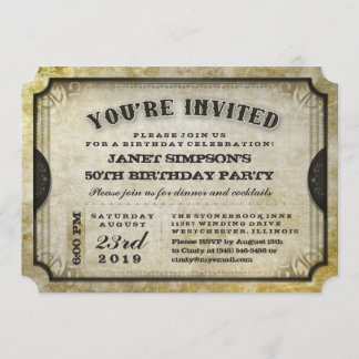 Sie sind eingeladen Gold Antique Ticket zum Geburt Einladung