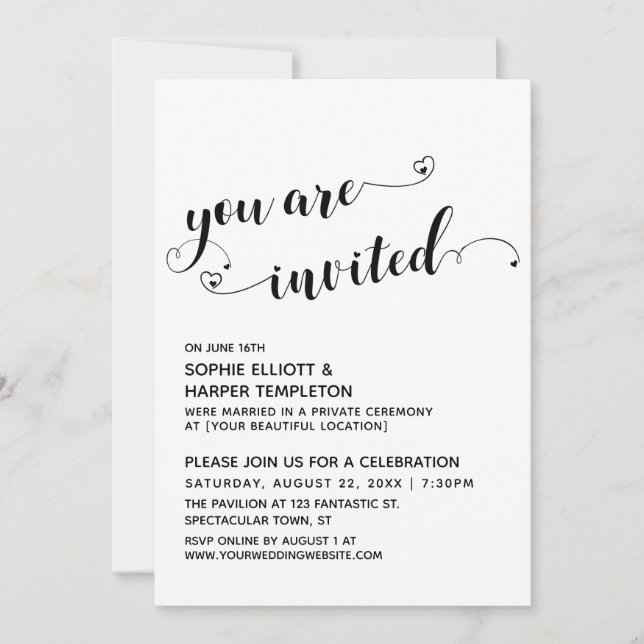 Sie sind eingeladen, Hearts Script Reception-Only Einladung (Vorderseite)