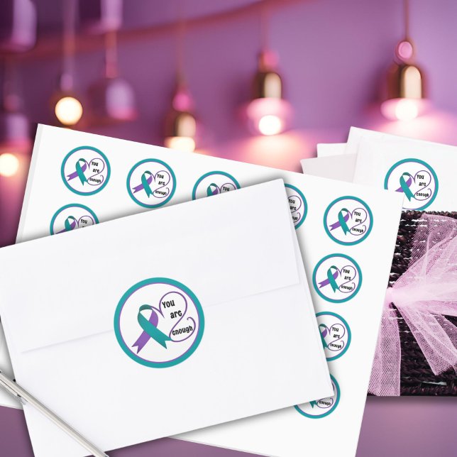 "Sie sind genug" Heilung Hoffnung Minimalistisches Runder Aufkleber ("You are Enough" Purple & Teal Stickers for Water Bottles, Notes, Gifts, Divorce, Encouragement
)