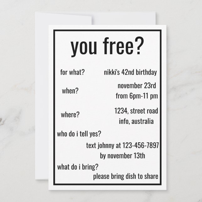 Sie sind gratis? Funny Simple Birthday Minimalisti Einladung (Vorderseite)