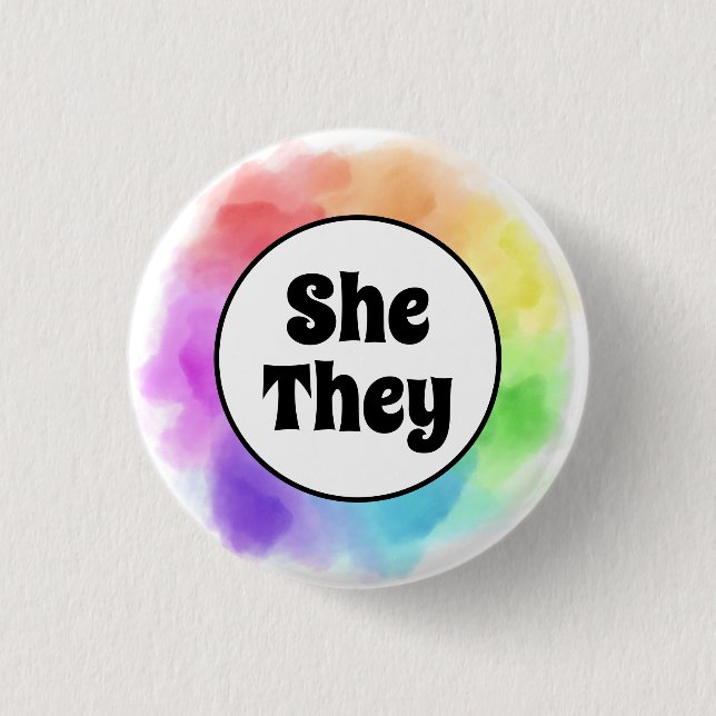 Sie spielt Pronomen im Wasserfarbkreis Button (Vorderseite)