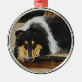 Sie wartet Tri Color Collie Ornament Aus Metall
