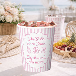 Sie wird bald hier sein Rosa Meeresmuscheln Baby S Pappbecher