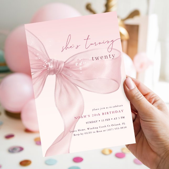 Sie wird zwanzig Blush Bow Geburtstag Einladung (Von Creator hochgeladen)
