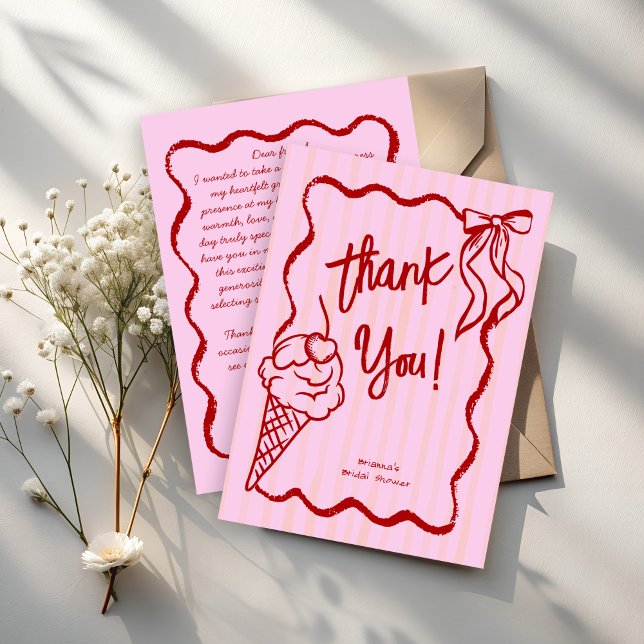 Sie wurde mit einer scharfen Grenzskizze überzogen Dankeskarte (She's been scooped up pink handrawn sketch wavy border ice cream bridal thank you card)