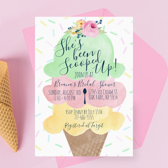 Sie wurde mit Eiscreme-Brautparty vergossen Einladung (Watercolor She's Been Scooped Up Bridal Shower Invitations in Green, Pink and Yellow)